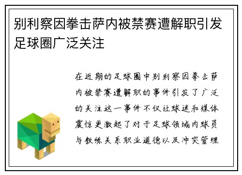 别利察因拳击萨内被禁赛遭解职引发足球圈广泛关注 别利察因拳击萨内被禁赛遭解职引发足球圈广泛关注